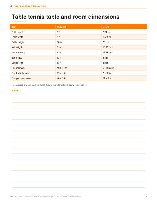 Preview of Printable Ping Pong Table Size Chart