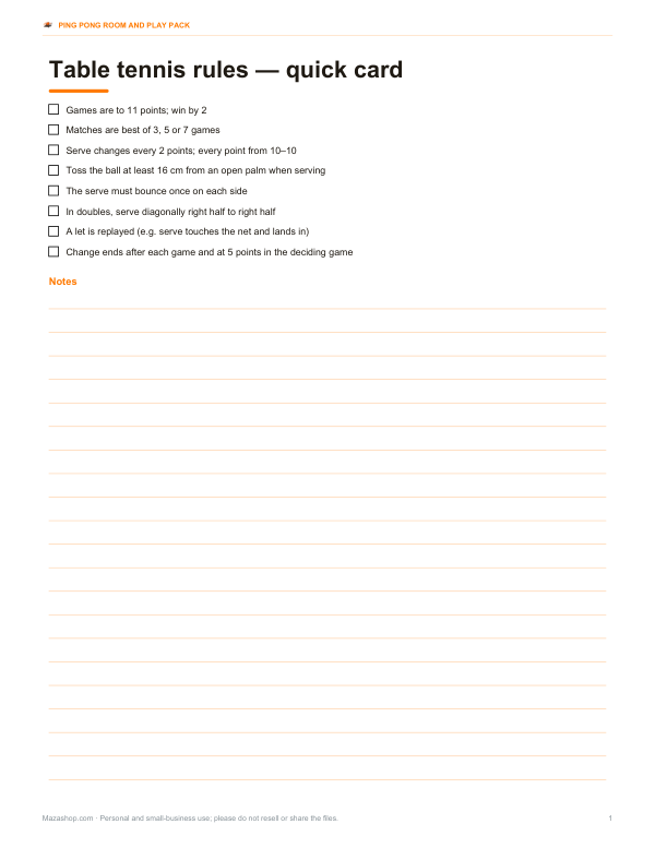 Preview of Printable Table Tennis Rules Card